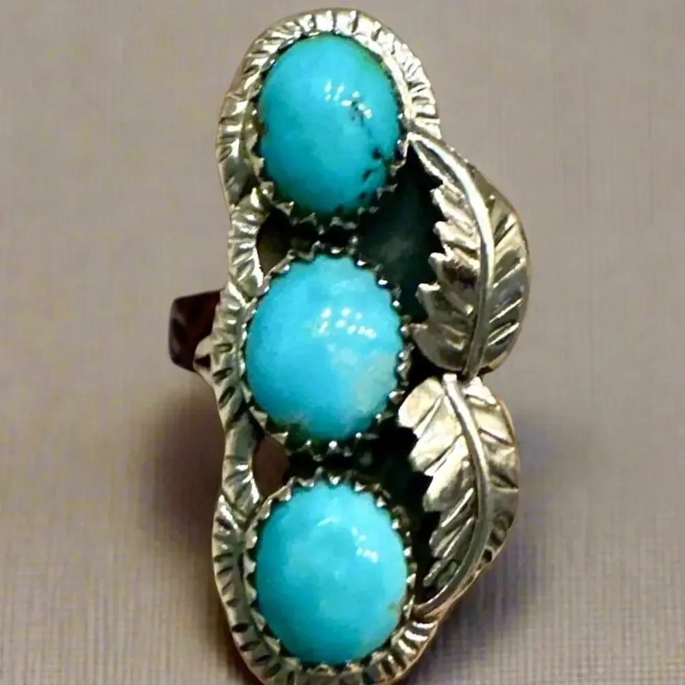 Three Stone Turquoise Sterling Silver Ring Size 9 - Picture 2 of 7